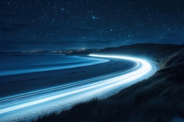 Wall Mural - Captivating Nightscape of Coastal Road with Light Trails Under a Starry Sky Tranquil Seaside Scene