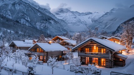 Poster - Wooden chalets with warm lights shine brightly in a snowy landscape as twilight descends, surrounded by majestic snow covered mountains and frosted trees.