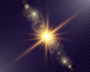 Wall Mural - golden glowing light explosion with radiant beams and lens flare on a transparent dark background. p