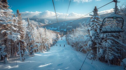 Poster - Skiers navigate down a pristine snow covered slope with tall frosted trees on either side while a chairlift operates overhead, revealing distant mountain peaks under a clear blue sky.