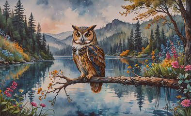Poster - Painting of an owl sitting on a branch over a lake. The owl is the main focus of the painting, and the surrounding landscape includes trees, flowers, and water. The mood of the painting is peaceful
