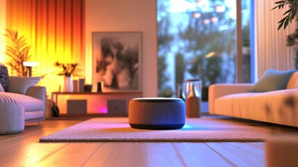 Aufkleber - Stylish living room features smart speakers and user giving voice commands for lighting and music adjustments