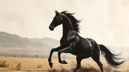 Naklejka na meble Dynamic Galloping Horse Silhouette in Charcoal Painterly Style Against Blurred Landscape