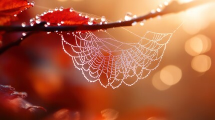 Wall Mural - Beautiful spider web in wild field with dew in morning in Spring.