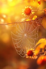 Wall Mural - Beautiful spider web in wild field with dew in morning in Spring.