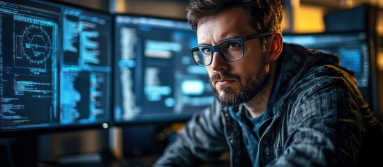 Focused programmer working late at night, analyzing code on multiple monitors.