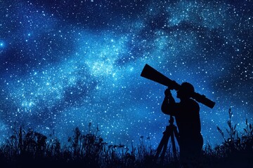 Silhouette of an Astronomer Gazing at the Vast Night Sky Filled with Stars and the Milky Way