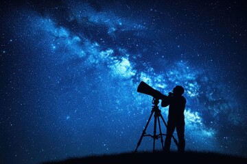 Wall Mural - Silhouette of an Astronomer Gazing at the Vast Universe through a Telescope Under a Starry Night Sky