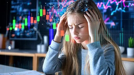 Teen girl holding head with digital brain nodes, in tech office with graphs on screens, concept of data overload and mental strain