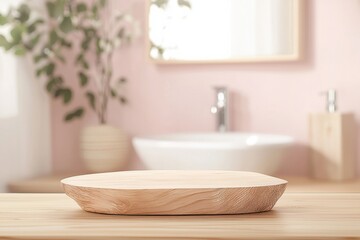 Aufkleber - Light wooden podium showcasing products in a modern bathroom setting, featuring soft pink walls and a white sink