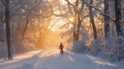 Aufkleber - A skier glides along a snowy trail surrounded by towering trees as the sun sets, casting a warm glow in a tranquil winter wonderland.