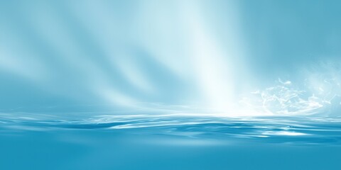 Poster - Gentle sunlight shines through an abstract light blue background, creating soft shadows and highlights on the surface, evoking serene beauty and tranquility