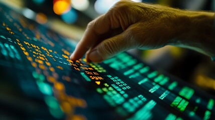 Close-up of a hand interacting with a high-tech control panel displaying complex data.
