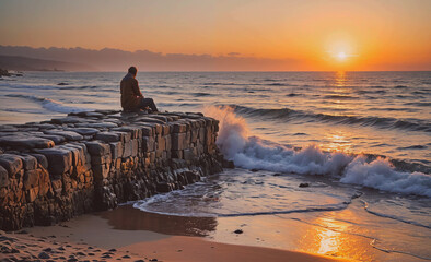 Poster - Man sits on a rock near the ocean, watching the sun set. The scene is peaceful and serene, with the man's presence adding a sense of calm to the image. The sun's rays reflect off the water