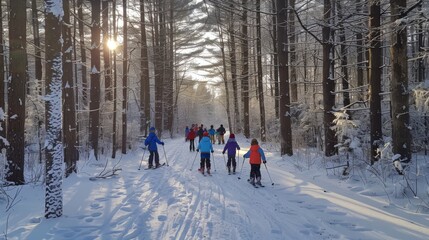 Poster - Groups of skiers glide along a snow covered path in a serene forest, surrounded by towering trees under the soft glow of a winter afternoon sun.