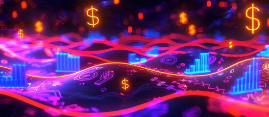 Wall Mural - abstract neon landscape with financial charts and dollar signs.