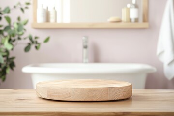 Poster - Empty round wooden podium presenting beauty and wellness products in a modern bathroom setting, ideal for showcasing cosmetics or skincare items