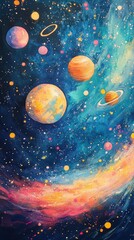 vibrant cosmic painting showcasing planets rings and colorful nebulae against a dark blue space back
