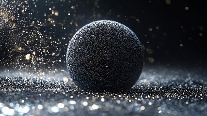 Wall Mural - Dark textured sphere on glittering surface with glowing particles and cosmic light