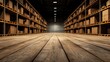 © songsi - Spacious warehouse interior with wooden floor and shelves filled with cardboard boxes creating a storage environment