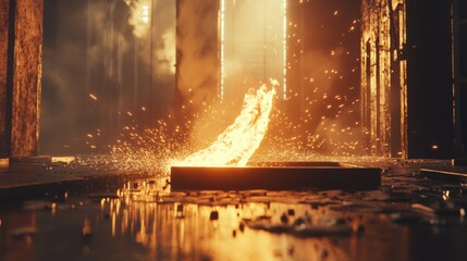 Aufkleber - Molten metal pours into casting molds amidst flames and sparks in an industrial hall with massive columns creating a powerful atmosphere