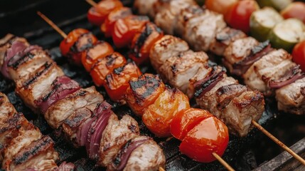Wall Mural - Delicious grilled meat and vegetable skewers on a barbecue grill capturing the essence of summer cooking with a close up shot and dark background