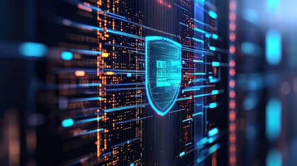 Digital Security Shield Representing Data Protection And Cyber Safety In Blue And Orange Light