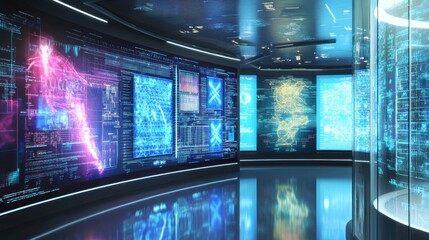 Wall Mural - futuristic data center with glowing screens displaying complex information