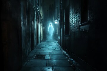 Wall Mural - A ghostly figure is walking down a dark alleyway. The atmosphere is eerie and unsettling. Concept of fear and unease, as the ghostly figure seems to be haunting the area