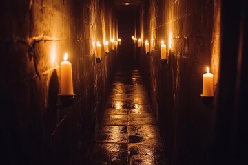 Wall Mural - A dark hallway with many lit candles