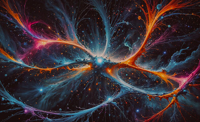 Wall Mural - Colorful painting of a galaxy with a bright orange and blue blob in the middle. The painting is abstract and has a dreamy, otherworldly feel to it