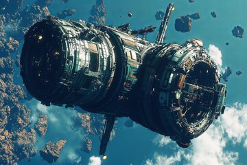 Wall Mural - a large space ship is flying through space with a lot of debris around it
