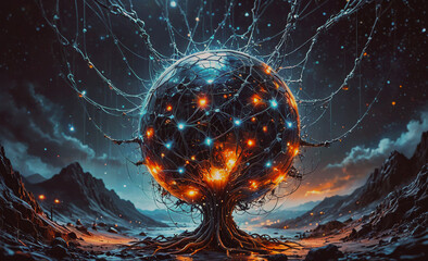 Wall Mural - Glowing, glowing, glowing tree with a glowing, glowing, glowing ball in the middle. The image has a futuristic, otherworldly feel to it