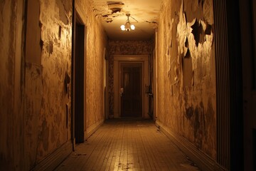 Wall Mural - A long hallway with a door in the middle. The hallway is dark and the door is open