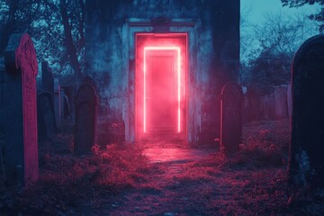 Wall Mural - A neon door is glowing red in a cemetery. The scene is eerie and unsettling. The red light seems to be coming from the inside of the building, creating an ominous atmosphere