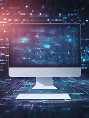 Aufkleber - Centered white computer icon on abstract digital background with numbers and codes representing modern technology and data processing concepts