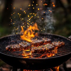 Wall Mural - Delicious grilled steaks sizzling on a charcoal barbecue with vibrant flames and smoke creating a mouthwatering scene for outdoor cooking and summer dining