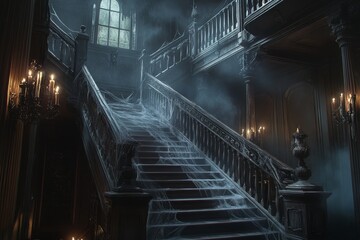 Wall Mural - A dark stairwell with a staircase leading up to a room. The staircase is covered in spider webs
