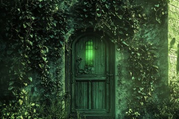 Wall Mural - a green door with a green light inside. the door is surrounded by green vines. the door is open and 