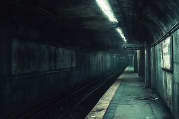 Wall Mural - a dark subway tunnel with a train on the tracks. the tunnel is empty and the train is the only thing