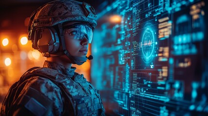 A soldier is looking at a computer screen with a blue background. The soldier is wearing a helmet and a headset
