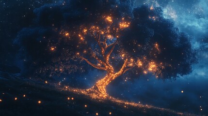 Wall Mural - a tree with glowing leaves is lit up in the dark. the scene is serene and peaceful, with the glowing