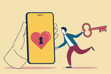 Dating apps, online dating using internet and social media to find romantic relationship concept, young adult millennial boy holding lovely key running to smart phone app with heart shape and keyhole.