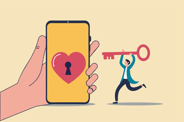 Dating apps, online dating using internet and social media to find romantic relationship concept, young adult millennial boy holding lovely key running to smart phone app with heart shape and keyhole.
