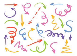 Wall Mural - colorful crayon arrow collection with directional pointers on white background. hand drawn grunge ch