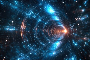Wall Mural - Cosmic Journey: Abstract Light Warp Through Space Tunnel, 3D Visualization of Speed and Stars in a Deep Blue Background