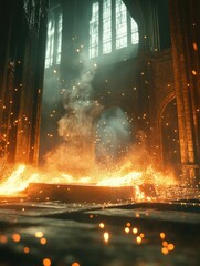 Aufkleber - Molten metal pours into casting molds, igniting intense flames and sparks in a large industrial hall filled with massive columns