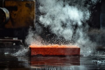 Poster - Red hot metal billets undergo rapid tempering in an intense steam filled workshop environment with tools scattered around