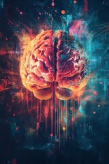 Wall Mural - explore a surreal depiction of an ai brain surrounded by vibrant glowing watercolor splashes, captur