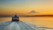 © Popelniushka - Serene Sunrise at Puget Sound: Ferry Journey with Majestic Mount Rainier in the Pacific Landscape of Washington, USA